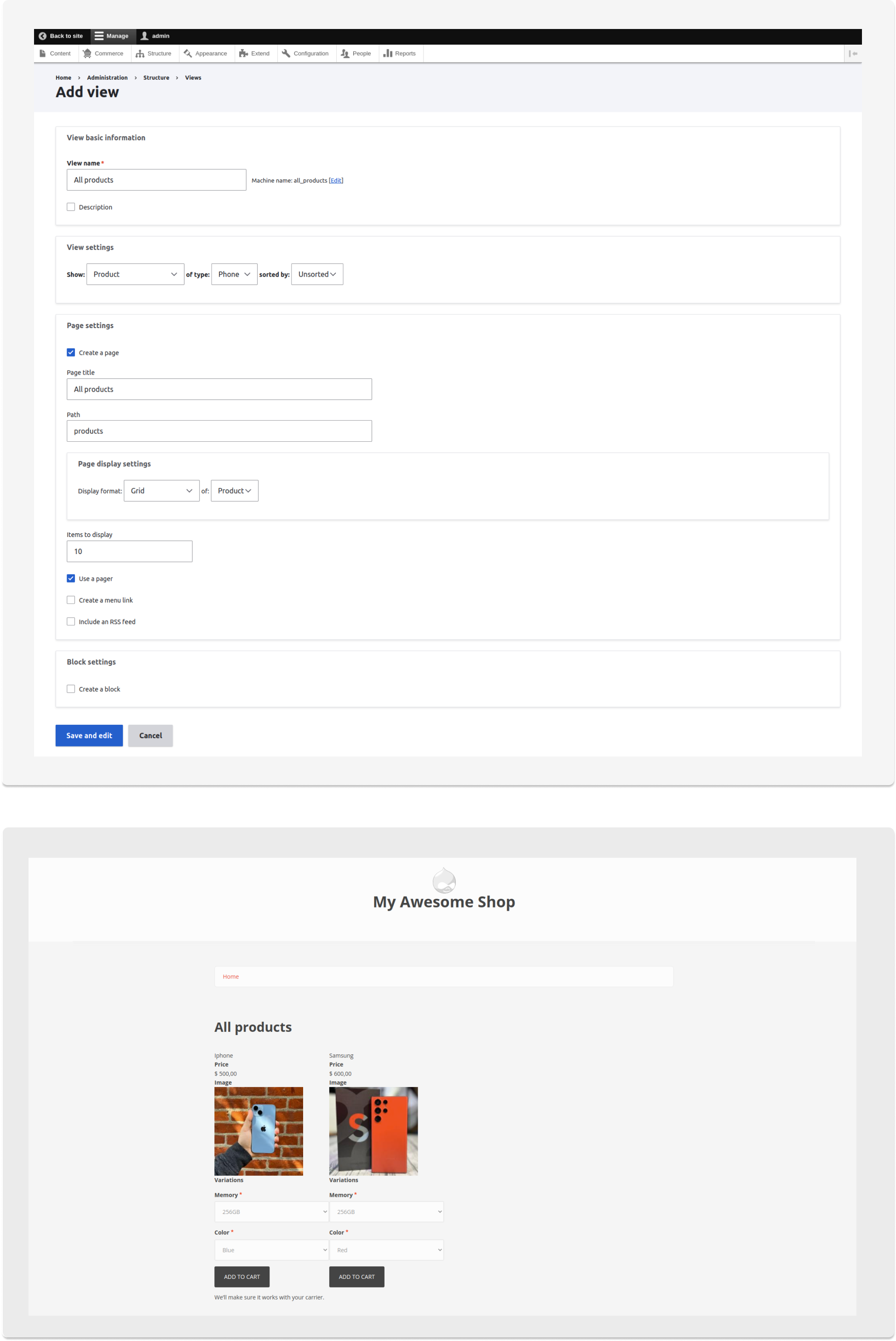 добавление страницы для вывода всех продуктов в админ-панели магазина на Drupal